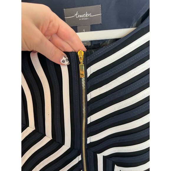 Chico's Traveler s Women's 1 / M Ribbon Stripe Zip Front Jacket Blue White Mesh - Picture 4 of 13